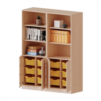 ErgoTray Schrank, 4reihig, 2OH unten Türen, 12 hohe Boxen, oben 3OH Regal, B/H/T 140,6x190x50cm 